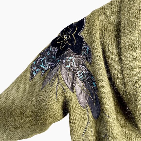 Cervelle Mohair Blend Cardigan Beaded Floral Applique Green Sweater Size L NEW - Picture 11 of 11